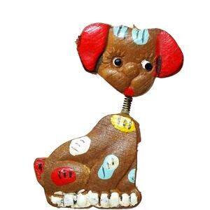 Vintage Bobble Head Dog Brooch Trembler Puppy Pin Hand Painted Wooden Figural